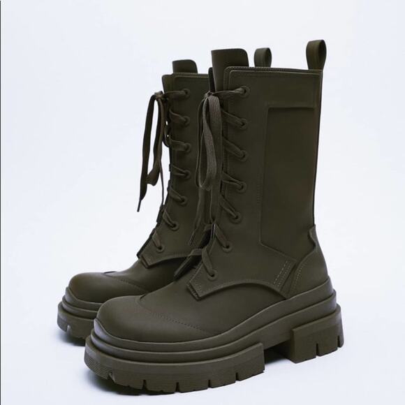 ZARA RUBBERIZED LACE-UP BOOTS KHAKI GREEN - Picture 2 of 6